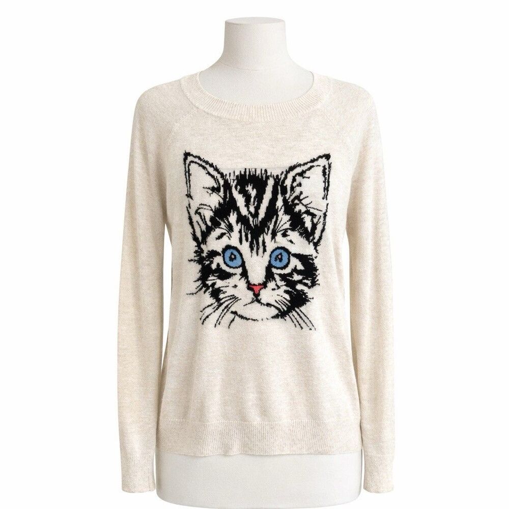 Forever 21 Cat Graphic Sweater Cream Crewneck Knit Pullover Women M Blue Eyes